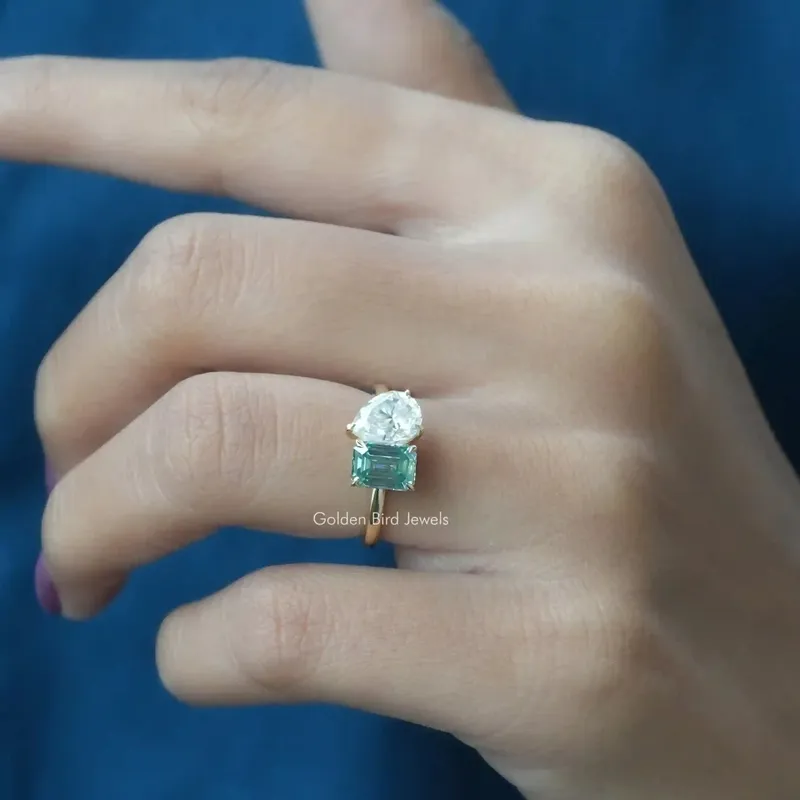 Pear And Emerald Cut Two Stone Moissanite Ring view 3