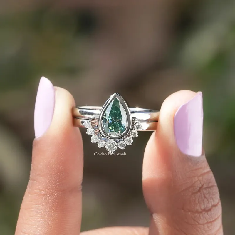 Pear Cut Moissanite Bridal Ring With Curved Band blue pear cut engagement ring