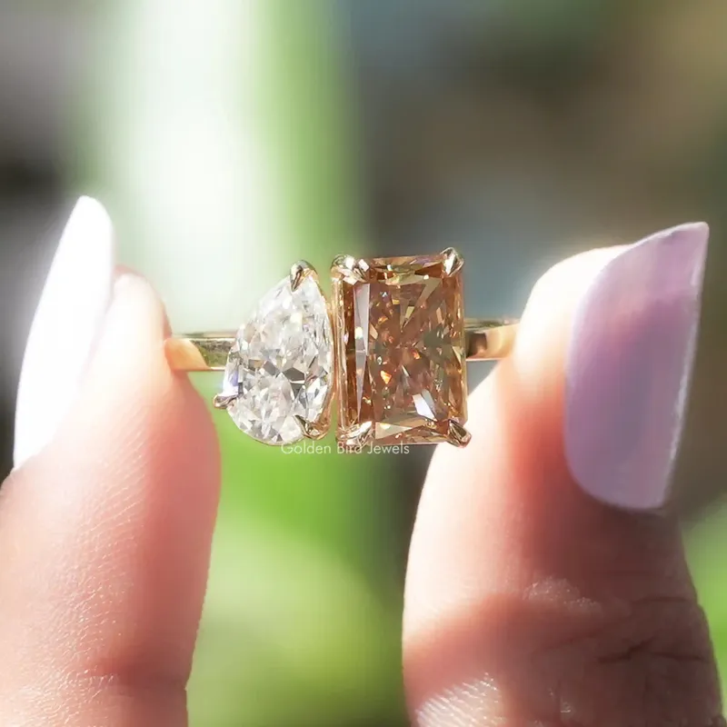Pear Radiant Fancy Colored Moissanite Toi Et Moi Ring pear cut engagement ring