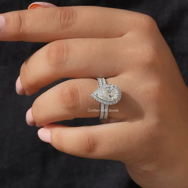 Pear Shaped Moissanite Halo Bridal Ring Set view 8