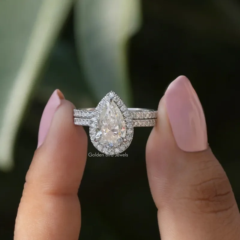 Pear Shaped Moissanite Halo Bridal Ring Set pear cut engagement ring