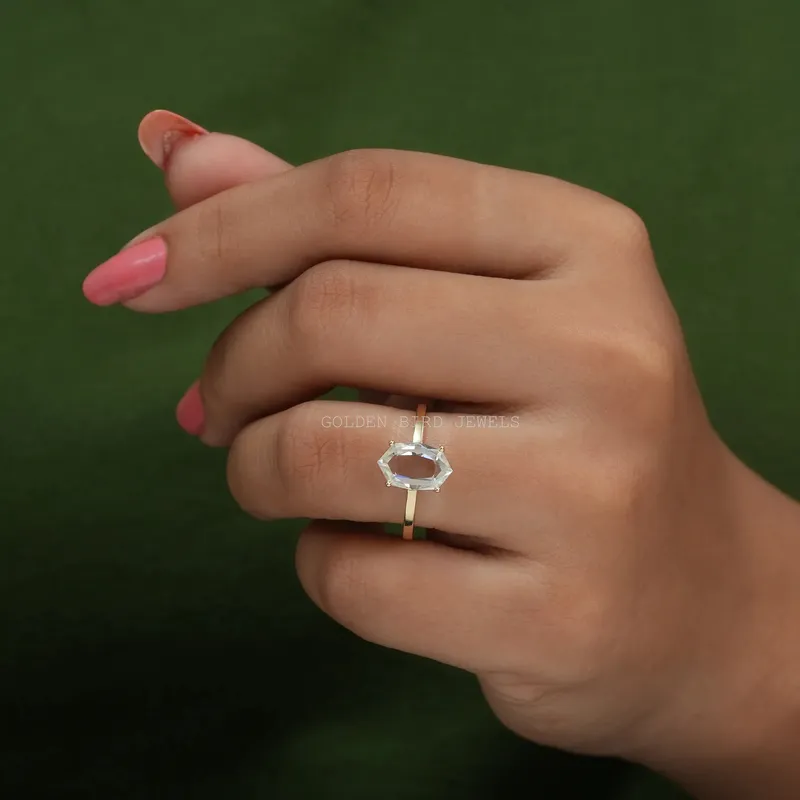 Portrait Cut Hexagon Moissanite Solitaire 14K Yellow Gold Ring view 4