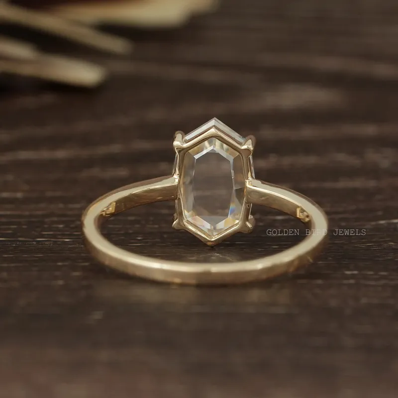 Portrait Cut Hexagon Moissanite Solitaire 14K Yellow Gold Ring view 7