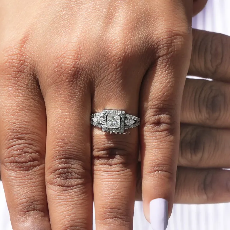 Princess Cut Three Stone Halo Engagement Ring view 4