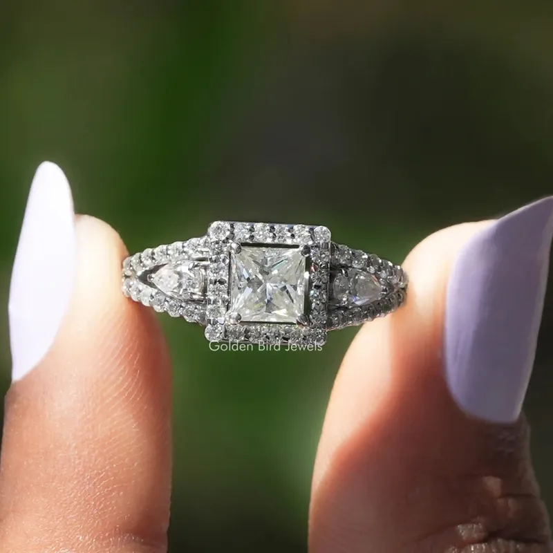 Princess Cut Three Stone Halo Engagement Ring pear cut engagement ring