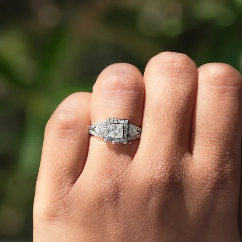 Princess Cut Three Stone Halo Engagement Ring view 8
