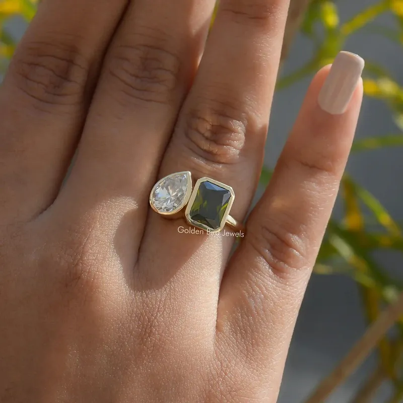 Radiant & Pear Cut Moissanite Bezel Ring vy 8