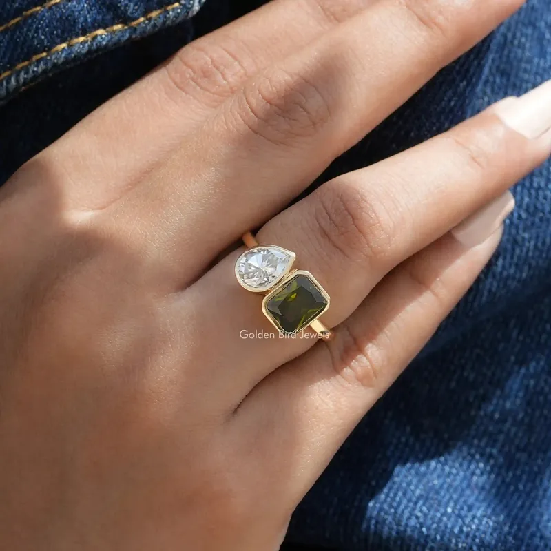 Radiant & Pear Cut Moissanite Bezel Ring vy 6