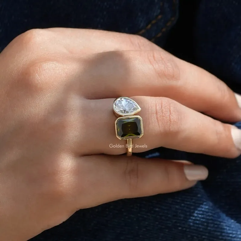 Radiant & Pear Cut Moissanite Bezel Ring vy 3