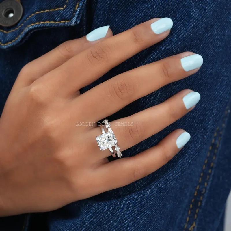 Radiant Cut Half Eternity Matching Wedding Band vy 3
