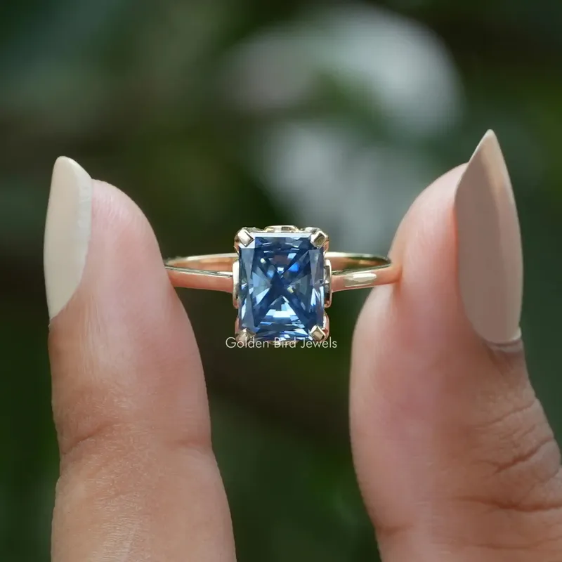 Radiant Cut Moissanite Solitaire Wedding Ring blue engagement ring