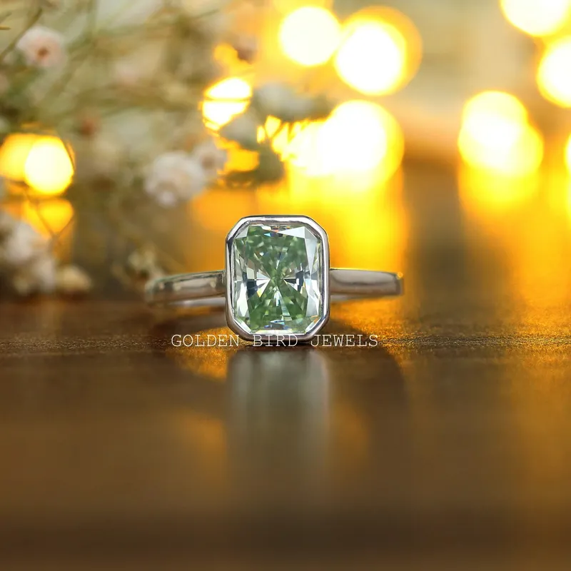 Radiant Moissanite Bezel Set Solitaire Engagement Ring green engagement ring