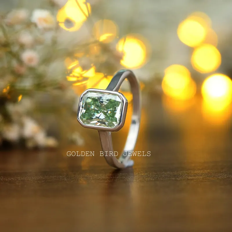 Radiant Moissanite Bezel Set Solitaire Engagement Ring vy 5