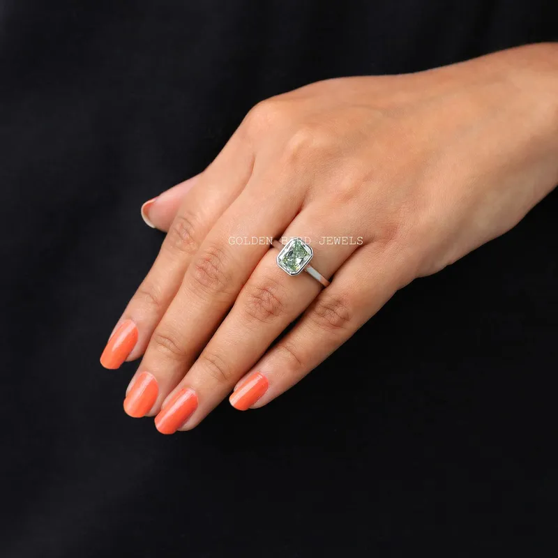 Radiant Moissanite Bezel Set Solitaire Engagement Ring vy 2