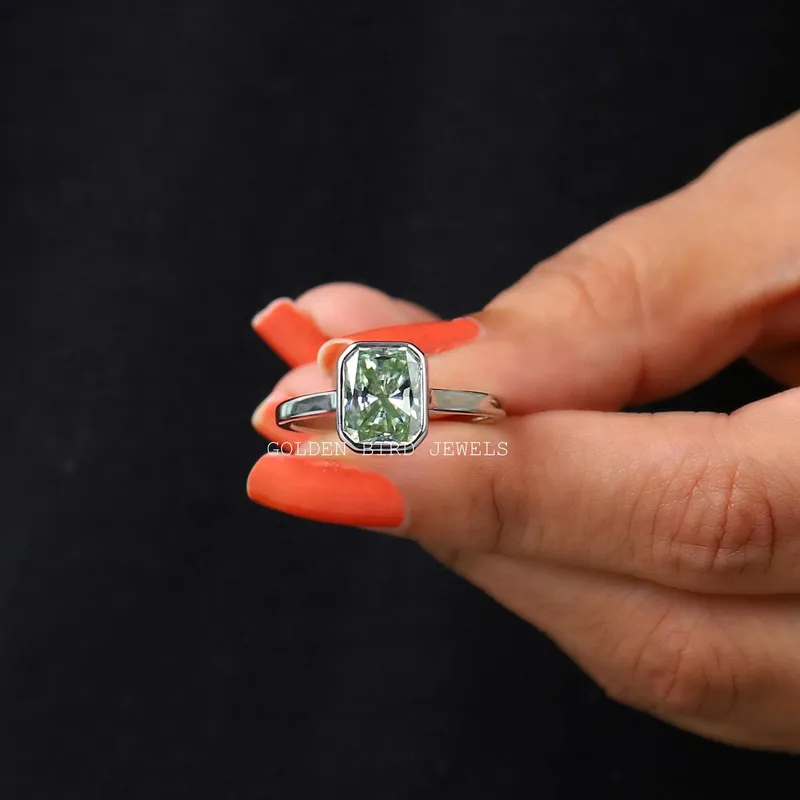 Radiant Moissanite Bezel Set Solitaire Engagement Ring vy 6