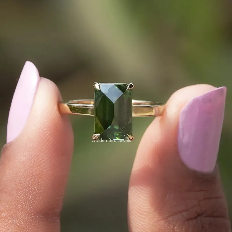 Rose Cut Emerald Cut Moissanite Solitaire Ring green emerald emerald cut engagement ring