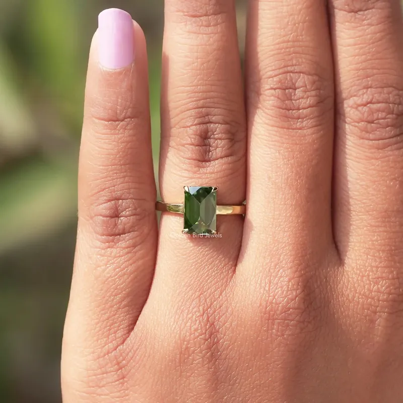 Rose Cut Emerald Cut Moissanite Solitaire Ring vy 4