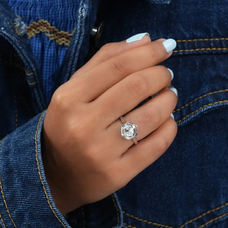Rose Cut Hexagon Moissanite Engagement Ring vy 2
