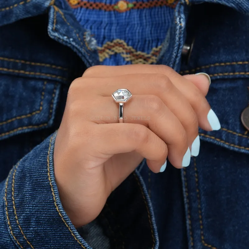Rose Cut Hexagon Moissanite Engagement Ring vy 3