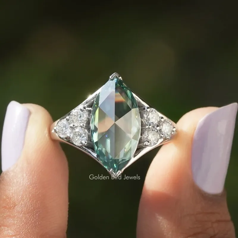 Rose Cut Marquise Moissanite Vintage Engagement Ring blue round cut engagement ring