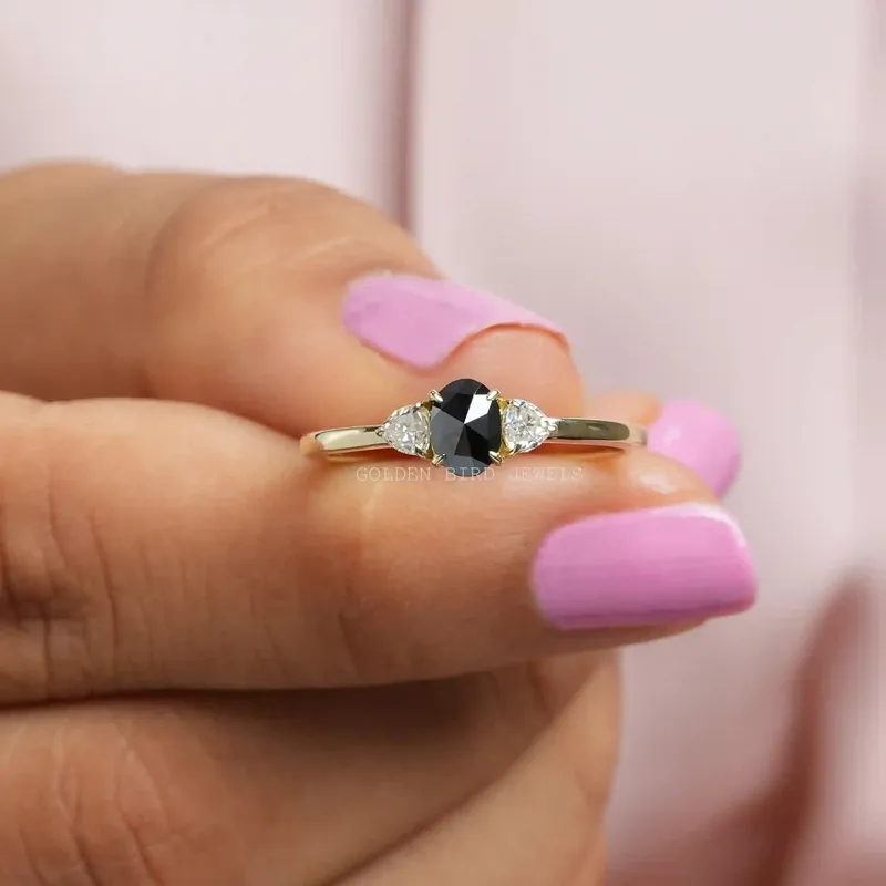Rose Cut Oval And Trillion Cut Moissanite Three Stone Ring oval cut engagement ring