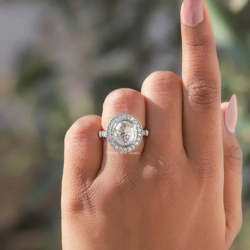 Rose Cut Oval Moissanite Halo Engagement Ring vy 5