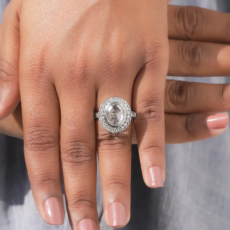 Rose Cut Oval Moissanite Halo Engagement Ring vy 8