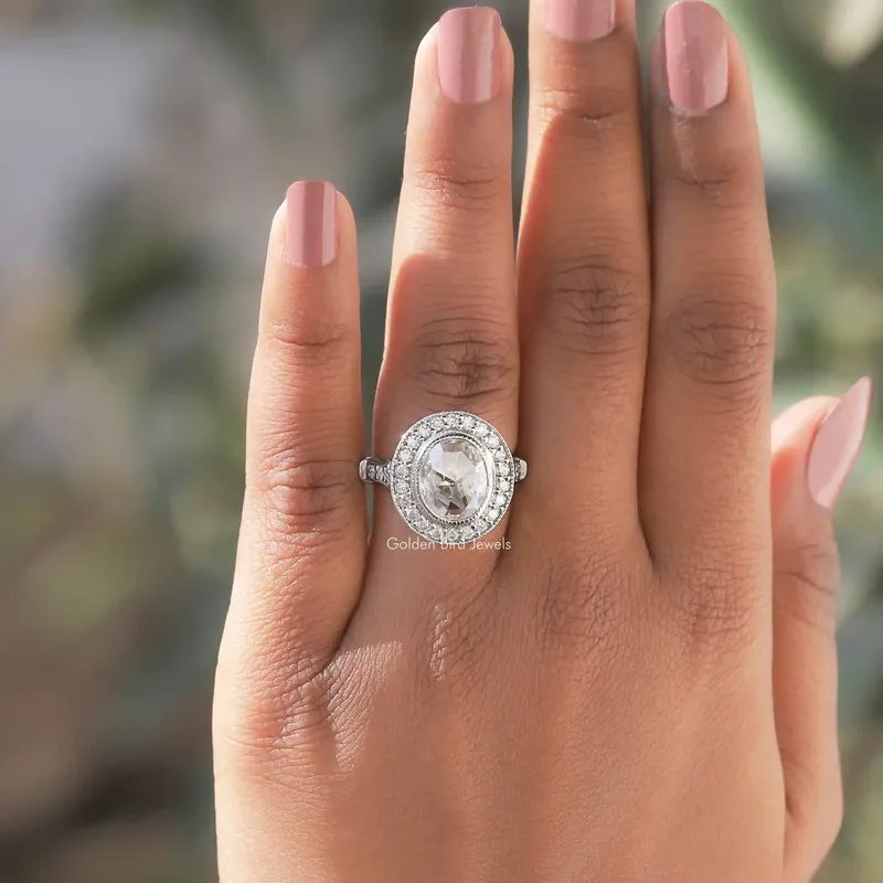 Rose Cut Oval Moissanite Halo Engagement Ring vy 4
