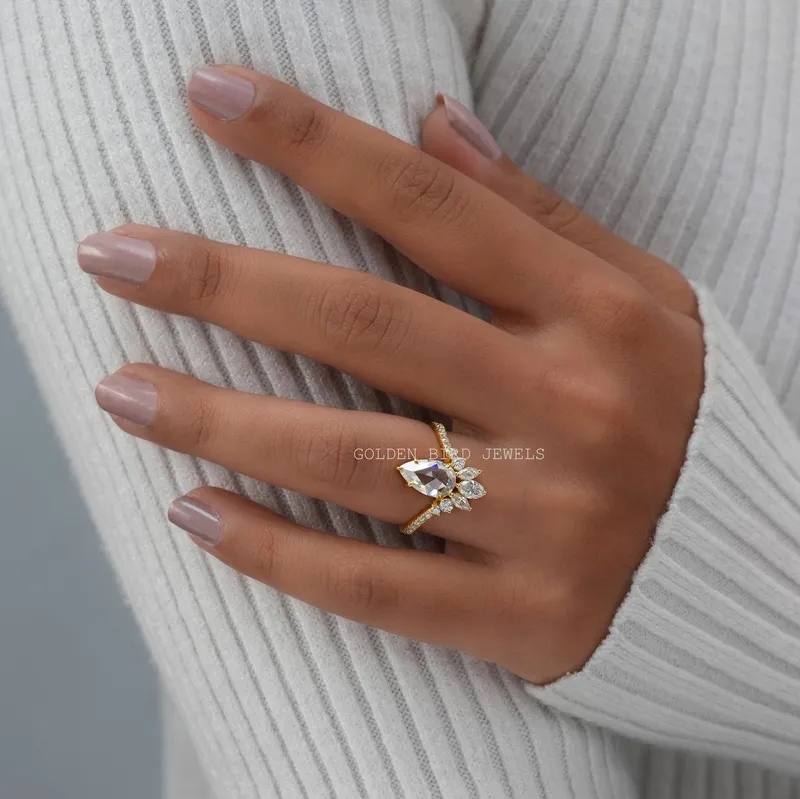 Rose Cut Pear Moissanite Curved Engagement Ring view 3