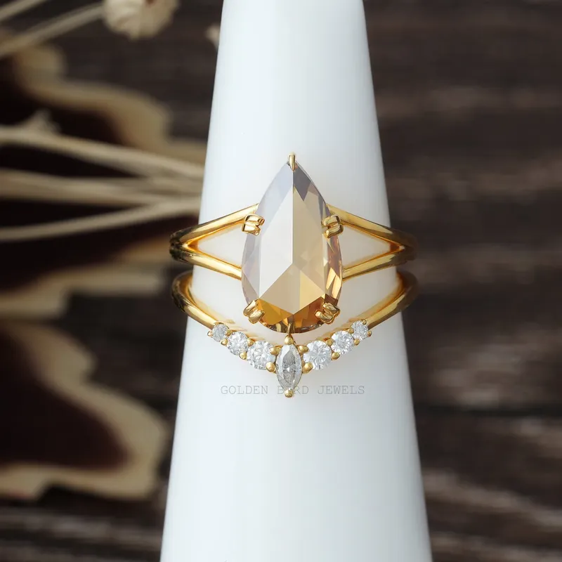Rose Cut Pear Moissanite Vintage Curved Ring Set vy 9