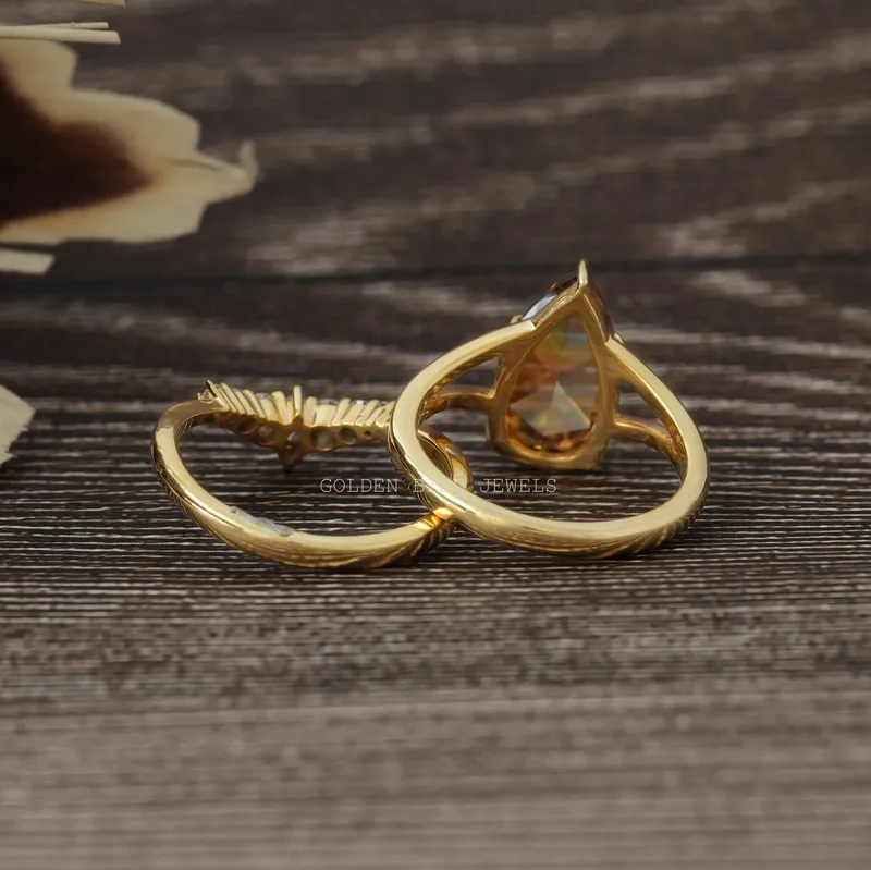 Rose Cut Pear Moissanite Vintage Curved Ring Set vy 10