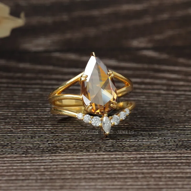 Rose Cut Pear Moissanite Vintage Curved Ring Set yellow pear cut engagement ring
