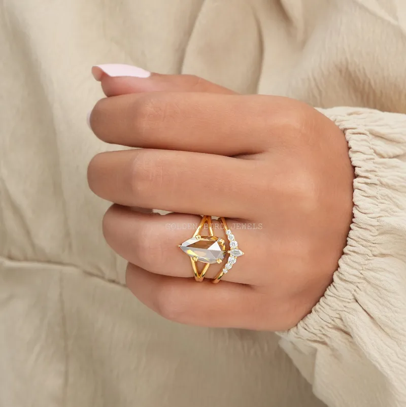 Rose Cut Pear Moissanite Vintage Curved Ring Set vy 2