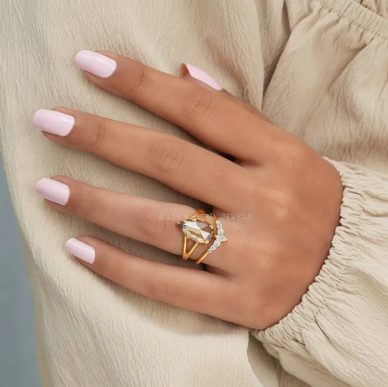 Rose Cut Pear Moissanite Vintage Curved Ring Set vy 3