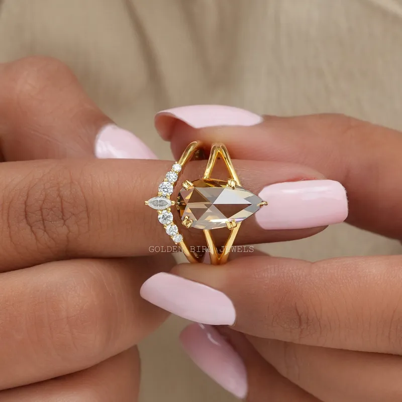 Rose Cut Pear Moissanite Vintage Curved Ring Set vy 5