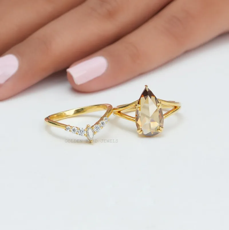 Rose Cut Pear Moissanite Vintage Curved Ring Set vy 7