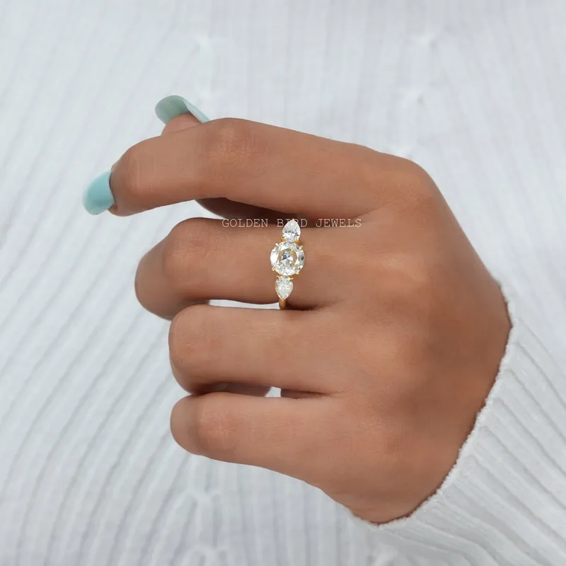 Rose Cut Round Moissanite Three Stone Engagement Ring view 4