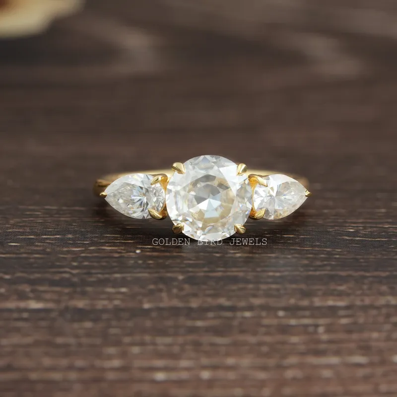 Rose Cut Round Moissanite Three Stone Engagement Ring pear cut engagement ring