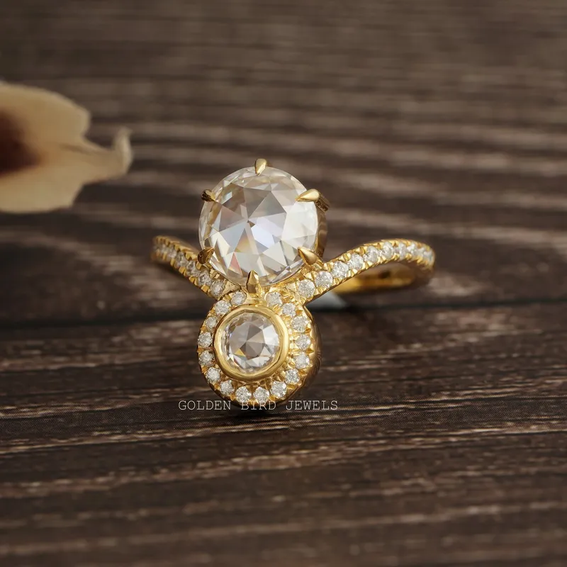Rose Cut Round Moissanite Two Stone Vintage Ring vy 7