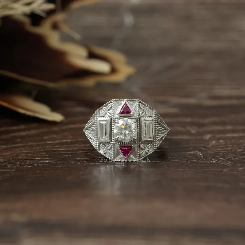 Round & Baguette Moissanite Art Deco Ring For Her ruby round cut engagement ring