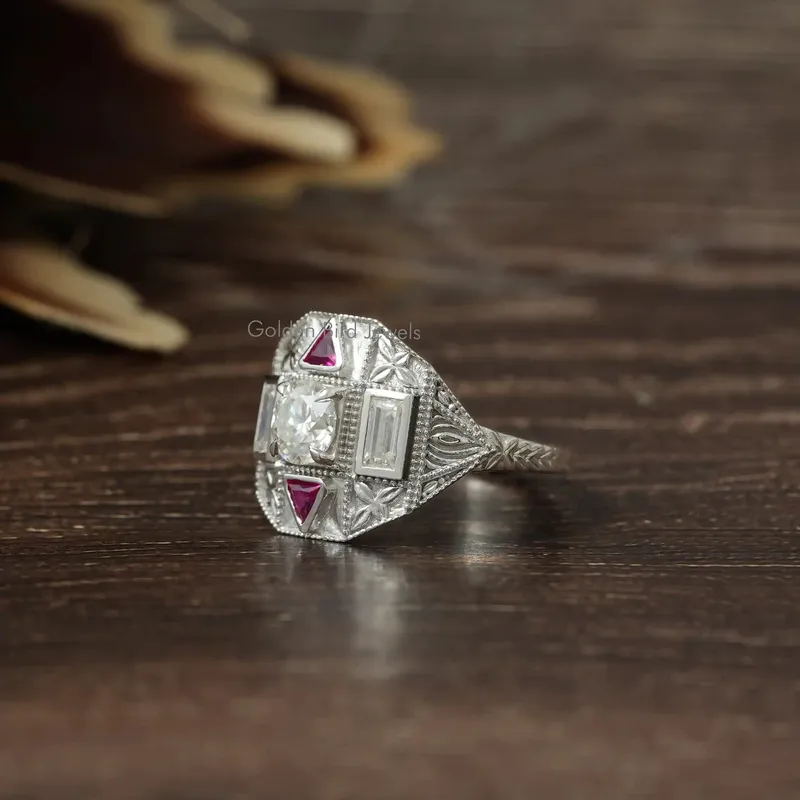 Round & Baguette Moissanite Art Deco Ring For Her vy 4