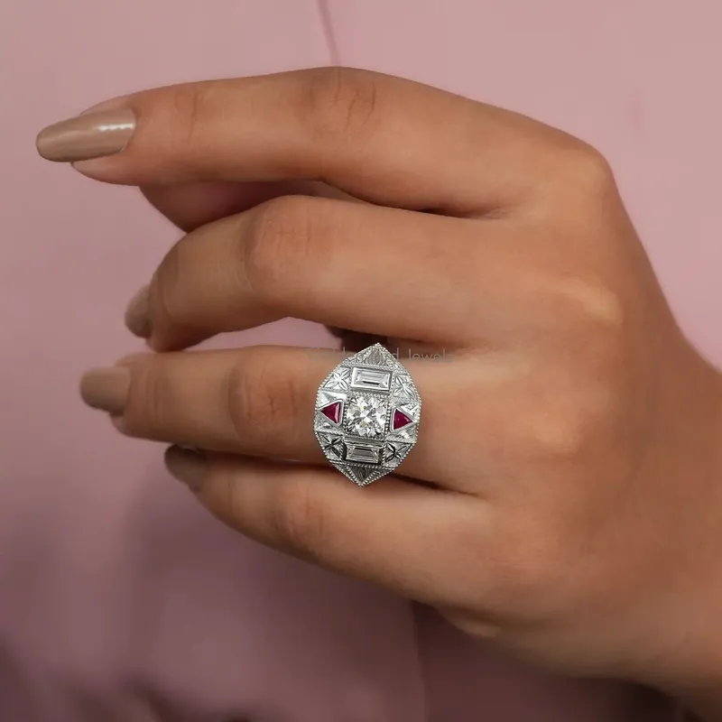 Round & Baguette Moissanite Art Deco Ring For Her vy 2