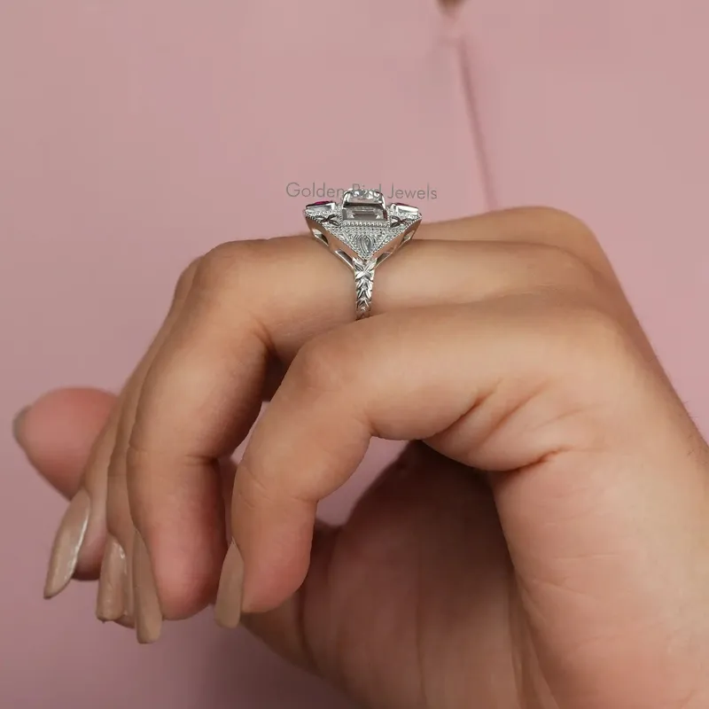 Round & Baguette Moissanite Art Deco Ring For Her vy 6