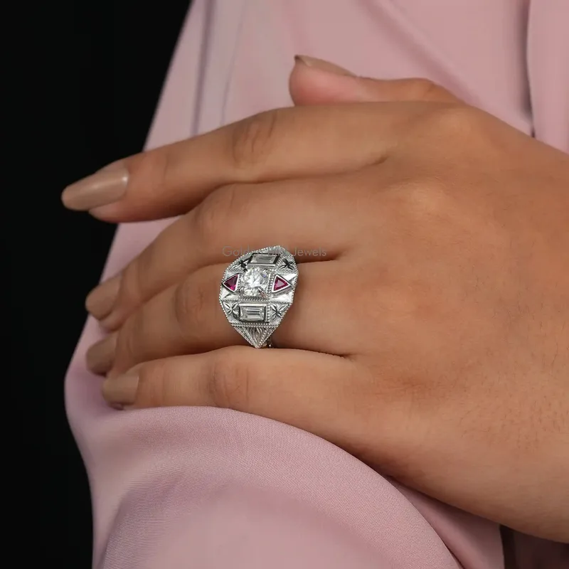 Round & Baguette Moissanite Art Deco Ring For Her vy 5