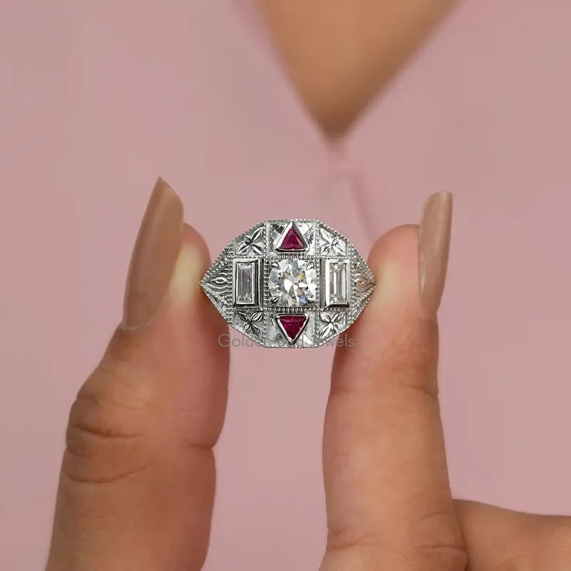 Round & Baguette Moissanite Art Deco Ring For Her vy 3
