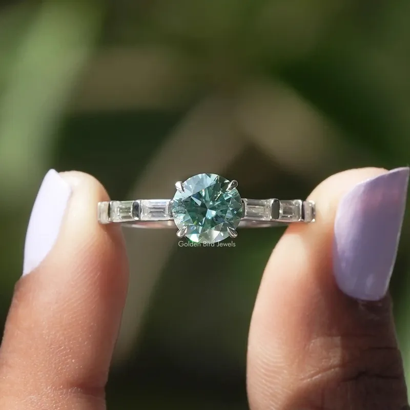 Round And Baguette Moissanite Accent Engagement Ring blue round cut engagement ring