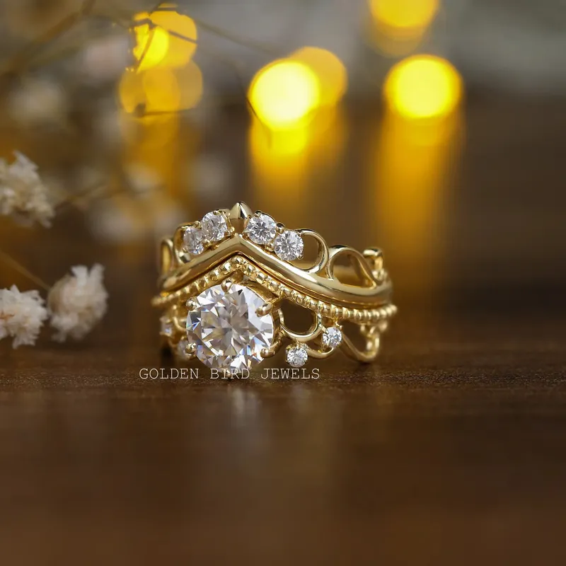 Round Cut Moissanite Bridal Wedding Vintage Ring Set view 5