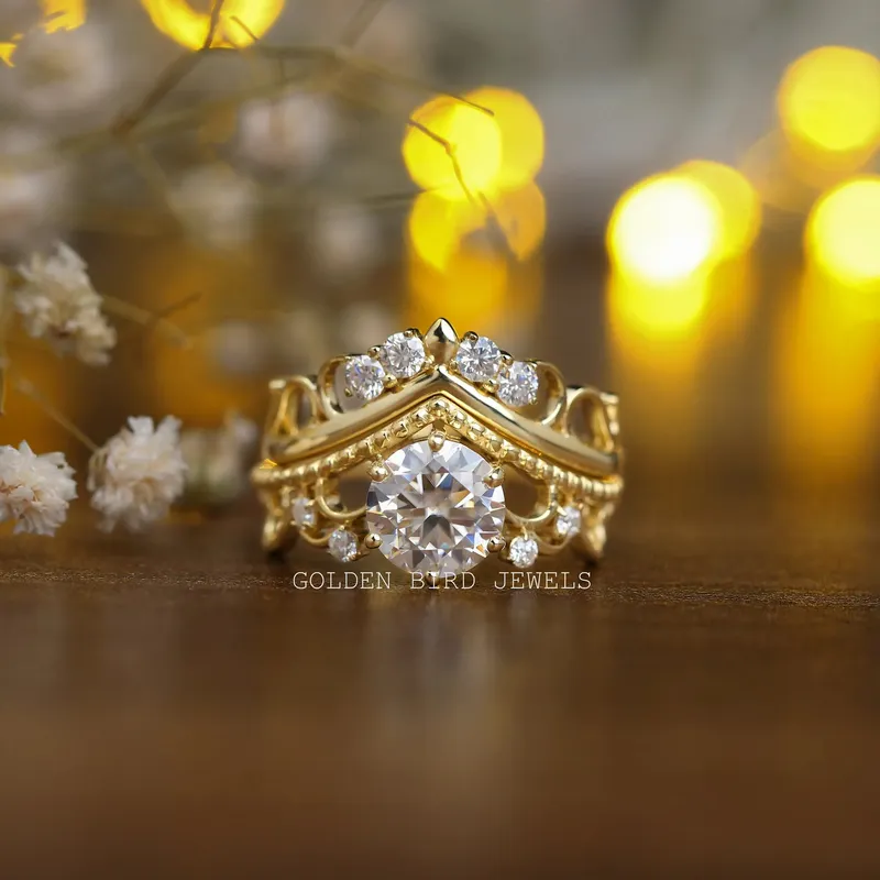 Round Cut Moissanite Bridal Wedding Vintage Ring Set round cut engagement ring
