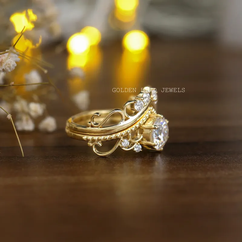 Round Cut Moissanite Bridal Wedding Vintage Ring Set view 9