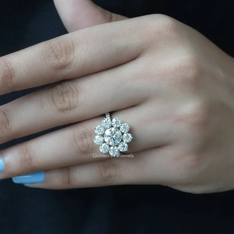 Round Cut Moissanite Floral Halo Engagement Ring view 6